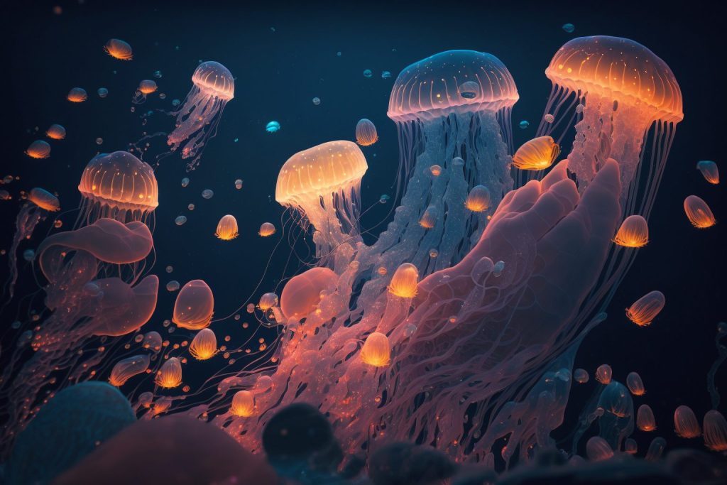 Colorful Nebula Jellyfishes AI Art - Focus on Orange