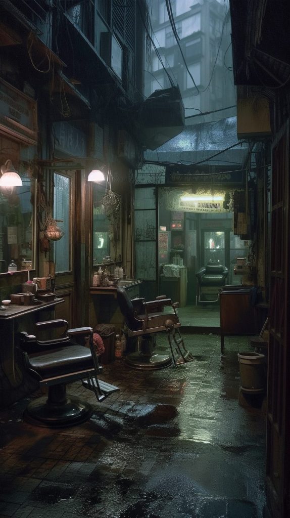 City of Darkness inspired by Kowloon Walled City AI Artwork Barber Shop