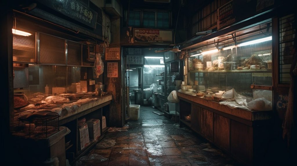City of Darkness inspired by Kowloon Walled City AI Artwork Butcher Shop 1
