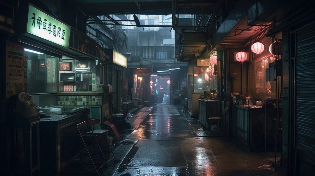 City of Darkness inspired by Kowloon Walled City AI Artwork Corridor
