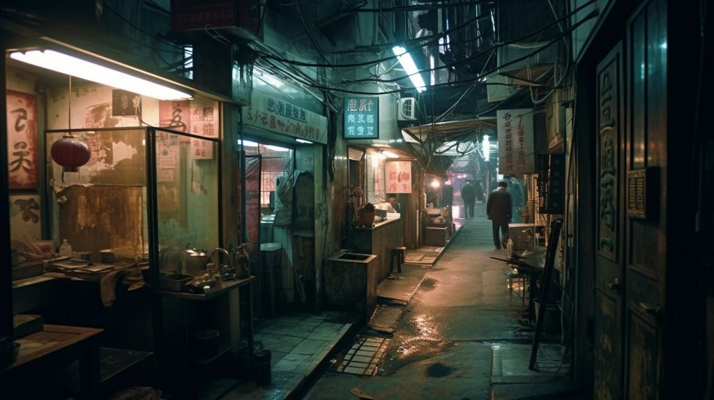 City of Darkness inspired by Kowloon Walled City AI Artwork Corridor 2
