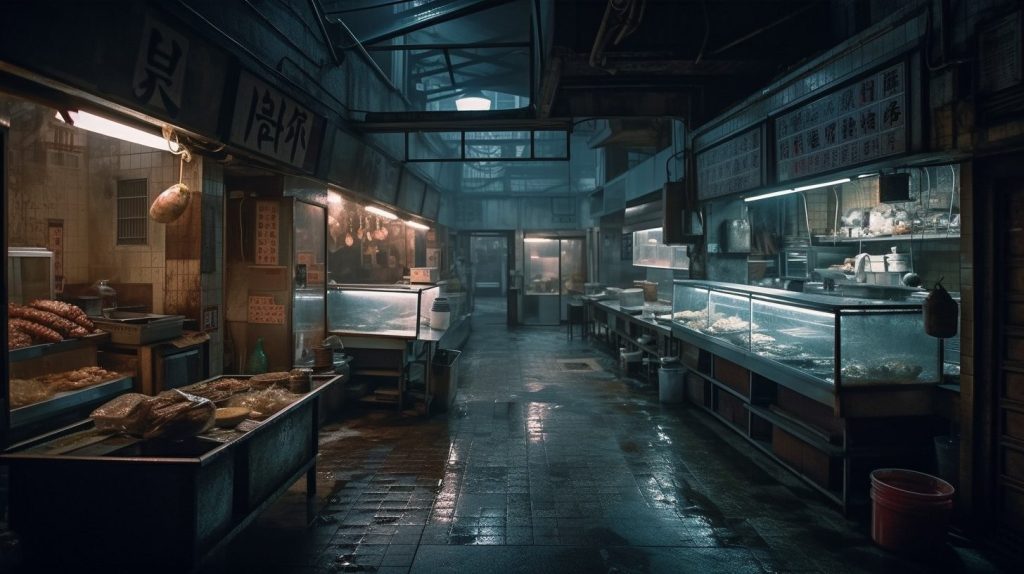 City of Darkness inspired by Kowloon Walled City AI Artwork Food Stalls