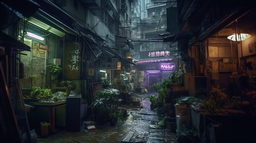 City of Darkness inspired by Kowloon Walled City AI Artwork Vegetable Stall