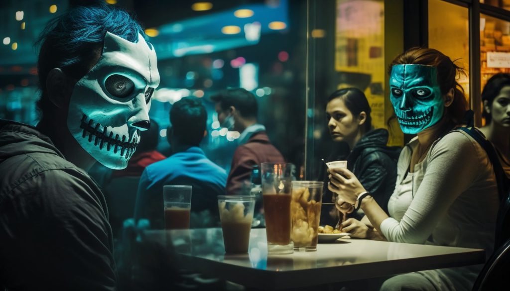 Customers sitting and standing inside a cafe are wearing random color Noh masks