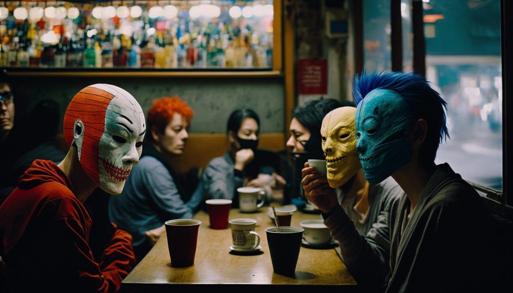 Customers sitting and standing inside a cafe are wearing random color Noh masks - 2nd Ai Art Variation
