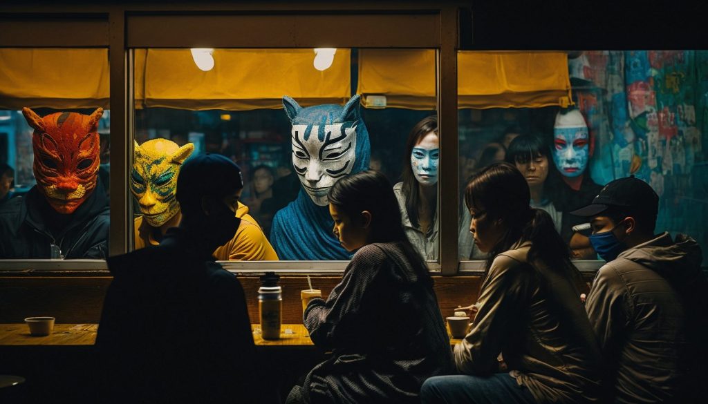 Customers sitting and standing inside a cafe are wearing random color Noh masks - 3rd Ai Art Variation