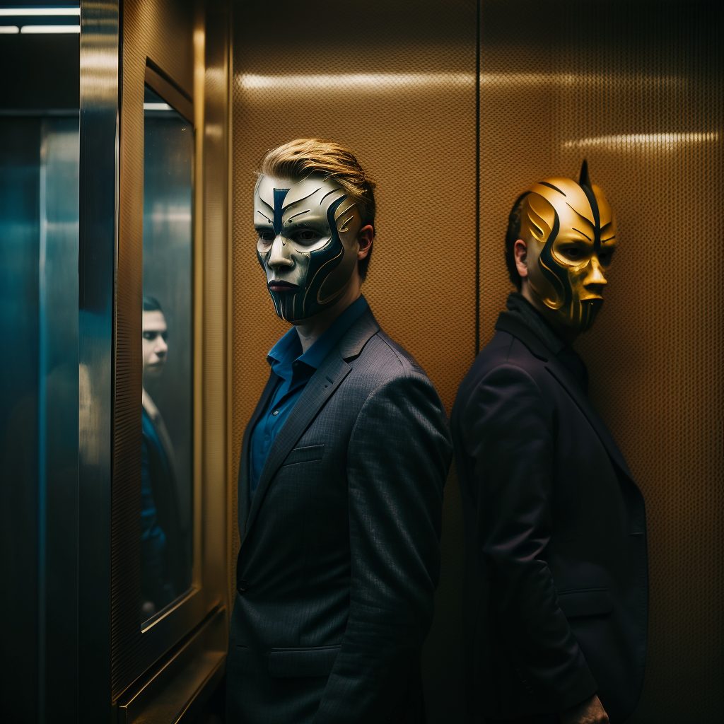 Office workers are wearing random color Noh masks and are standing inside a lift - 2nd AI Art Variation