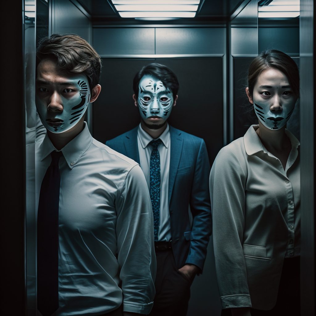 Office workers are wearing random color Noh masks and are standing inside a lift - 3rd AI Art Variation