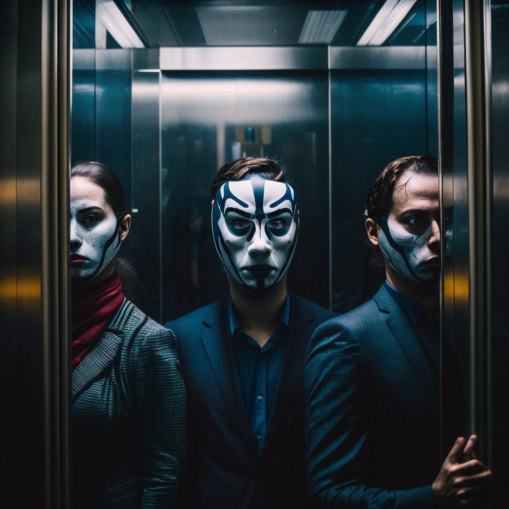Office workers are wearing random color Noh masks and are standing inside a lift