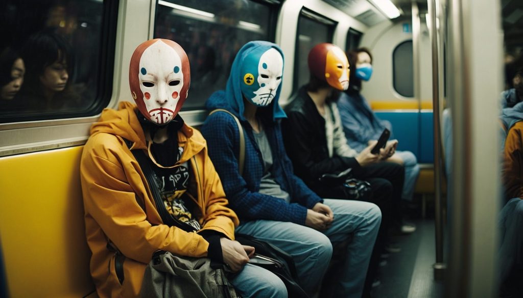 Passengers sitting inside a bullet train are wearing random color Noh masks