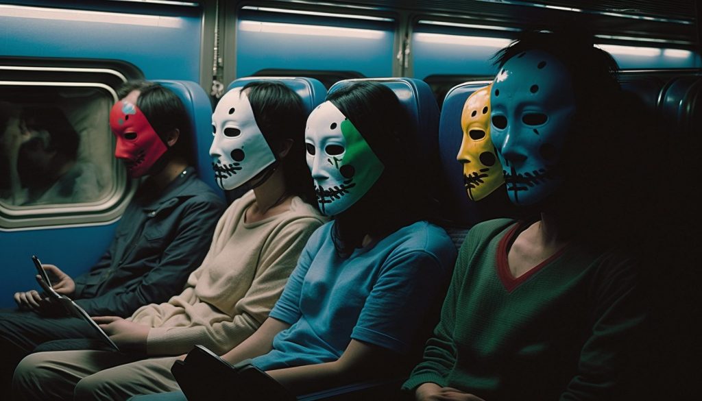 Passengers sitting inside a bullet train are wearing random color Noh masks - 3rd AI Art Variation