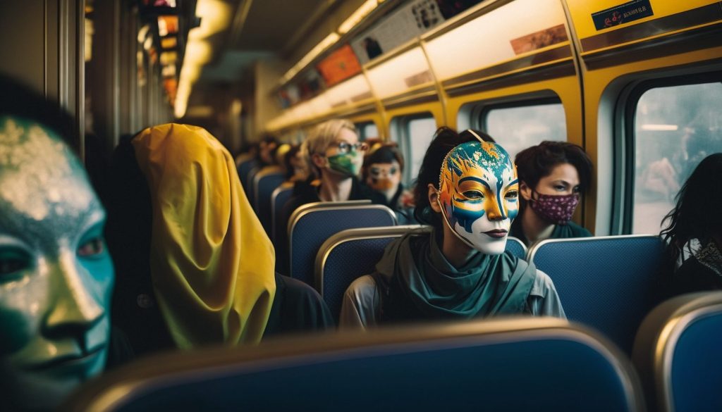 Passengers sitting inside a bullet train are wearing random color Noh masks - 4th AI Art Variation