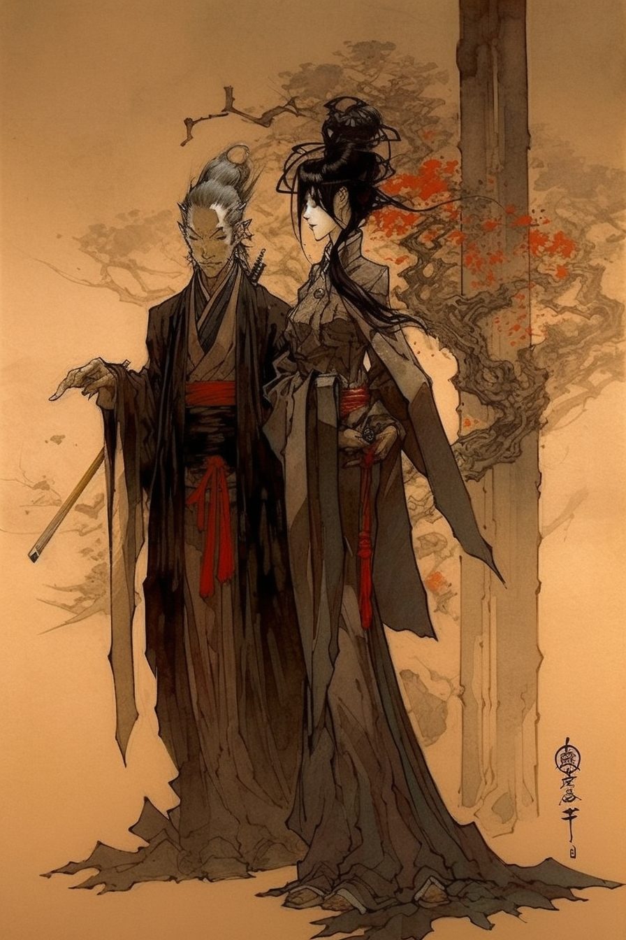 Swordsman Couple in Contemporary Japanese Art Style
