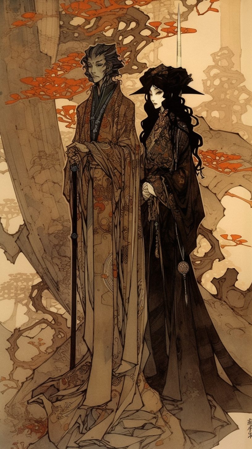 Swordsman Couple in Contemporary Japanese Art Style