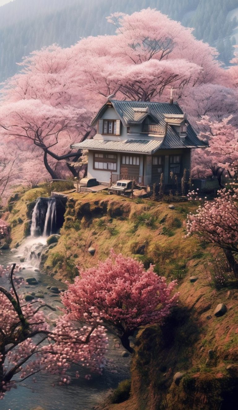 A Small House surrounded by Cherry Blossoms and Waterfalls