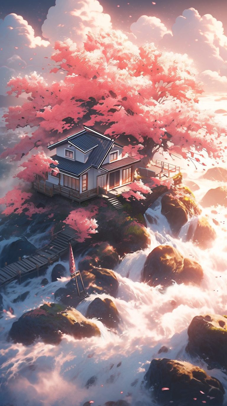 A Small House surrounded by Cherry Blossoms and Waterfalls