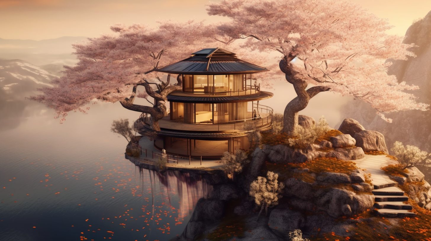 A Small House surrounded by Cherry Blossoms and Waterfalls