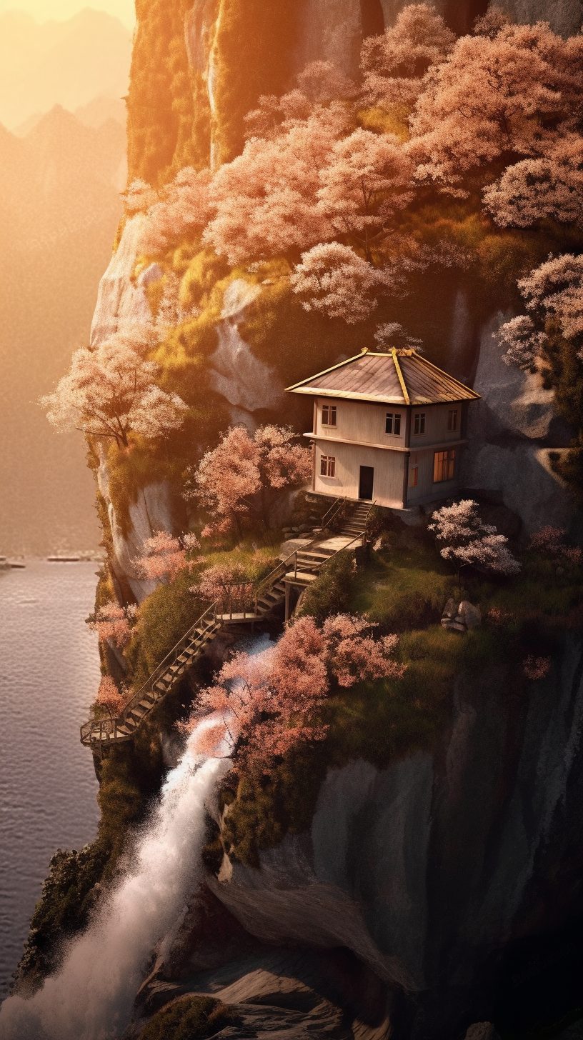 A Small House surrounded by Cherry Blossoms and Waterfalls