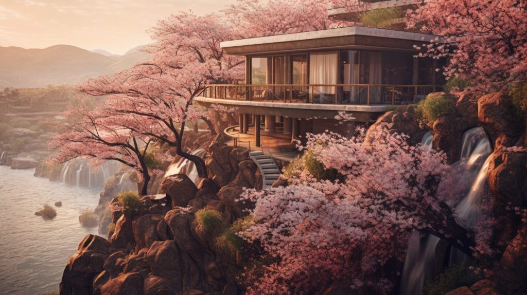 A Small House surrounded by Cherry Blossoms and Waterfalls AI Artwork 17