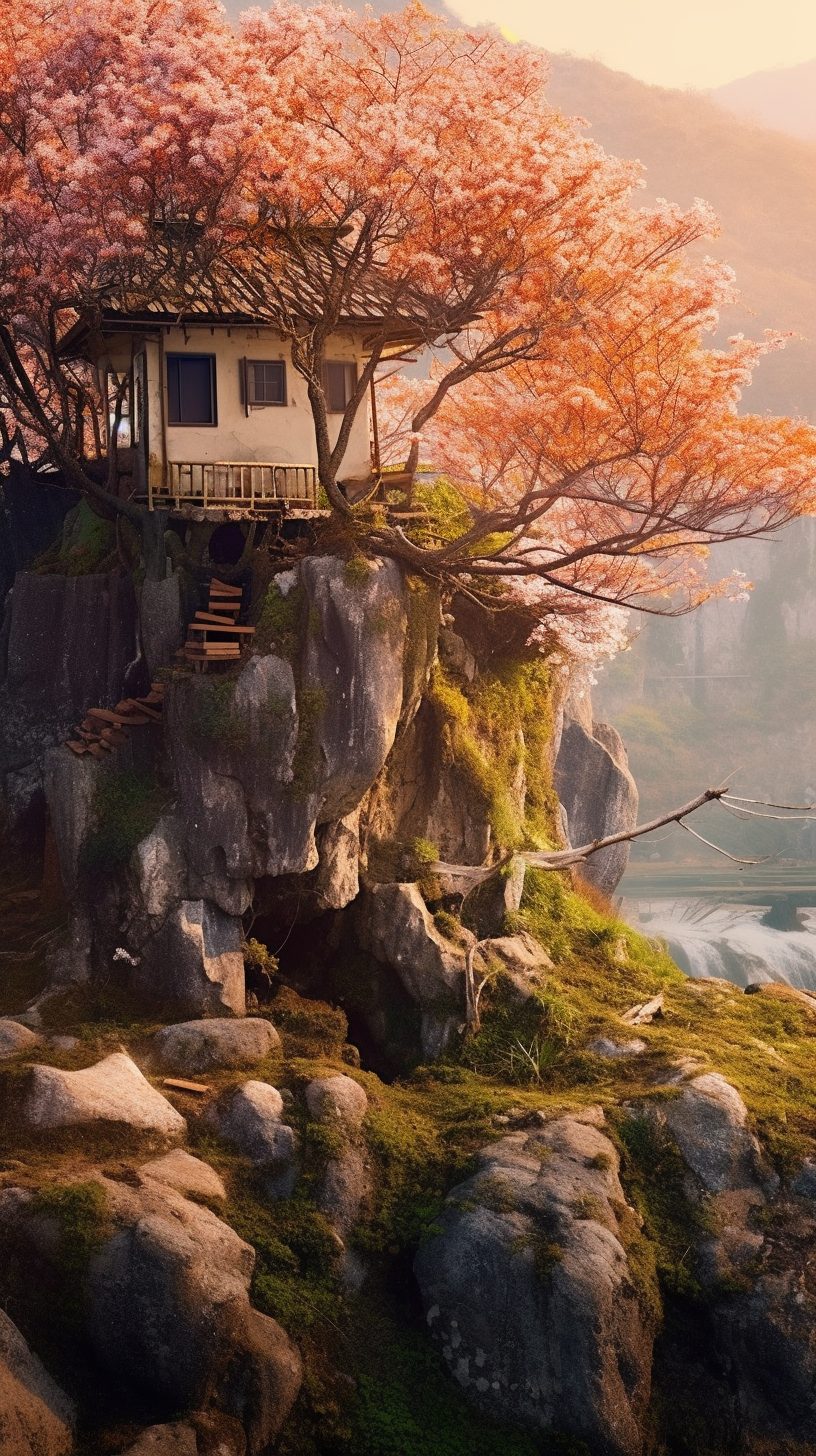 A Small House surrounded by Cherry Blossoms and Waterfalls
