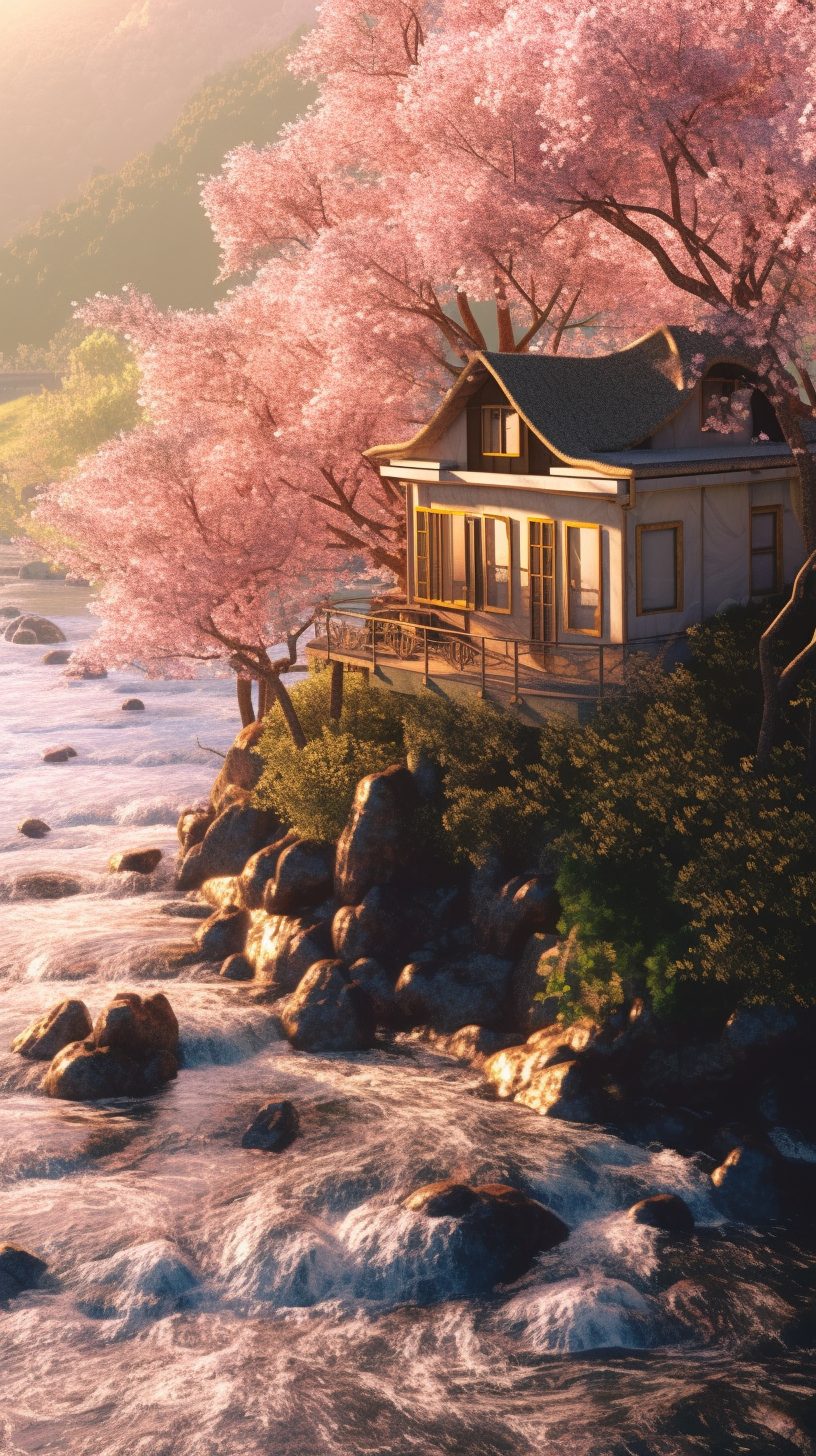 A Small House surrounded by Cherry Blossoms and Waterfalls