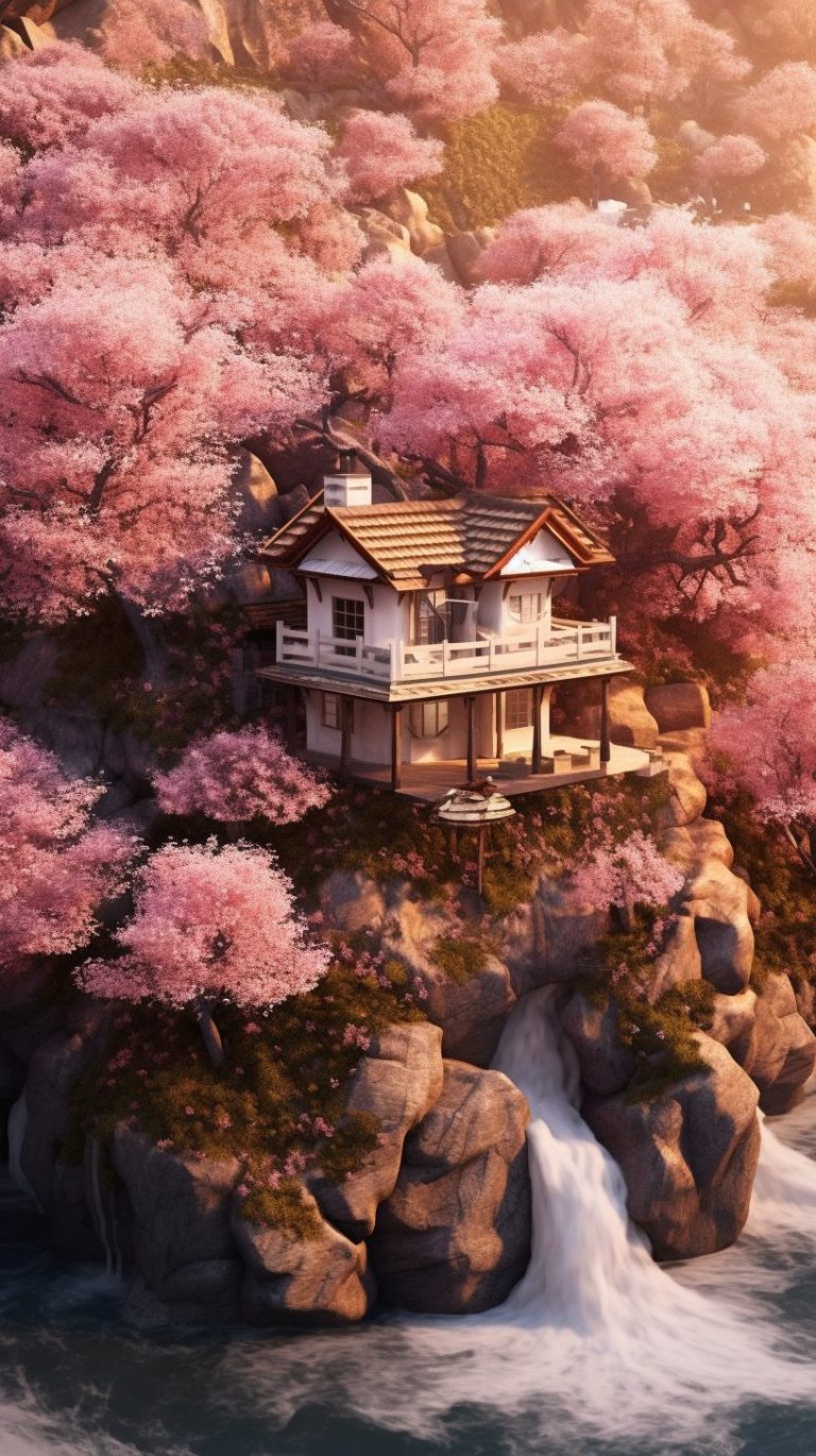 A Small House surrounded by Cherry Blossoms and Waterfalls