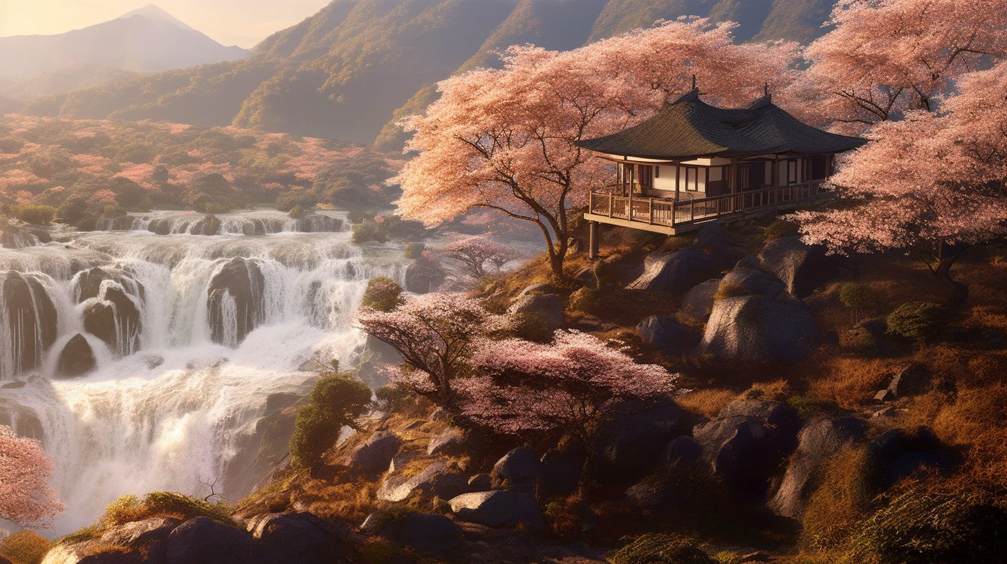 A Small House surrounded by Cherry Blossoms and Waterfalls