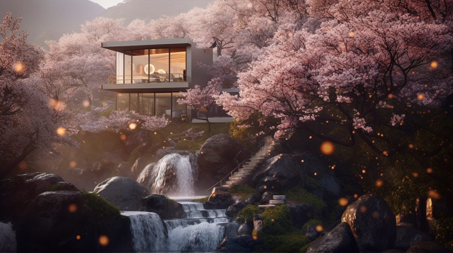 A Small House surrounded by Cherry Blossoms and Waterfalls