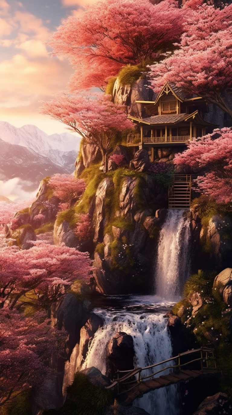 A Small House surrounded by Cherry Blossoms and Waterfalls