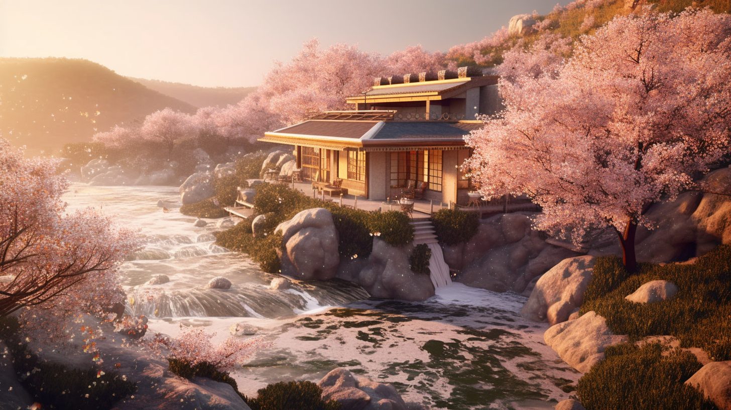 A Small House surrounded by Cherry Blossoms and Waterfalls