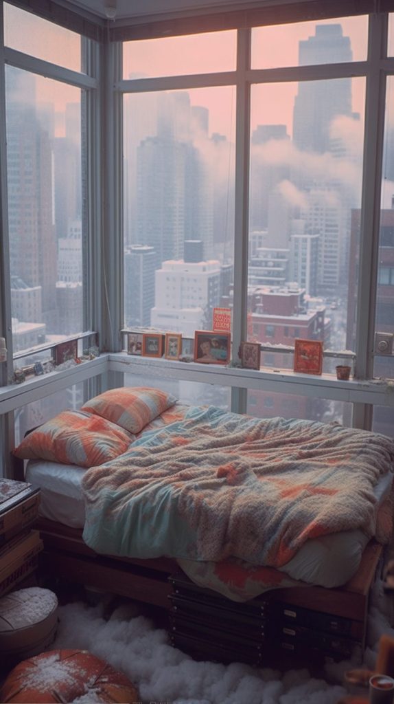 Bedroom has a View to a Snowy City AI Artwork 12