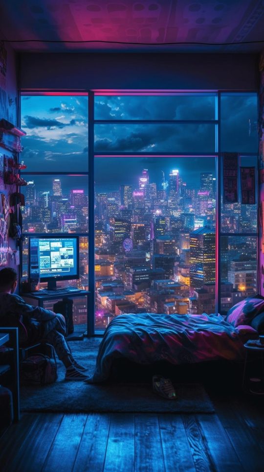 Cyberpunk Bedroom with a View 2 AI Artwork