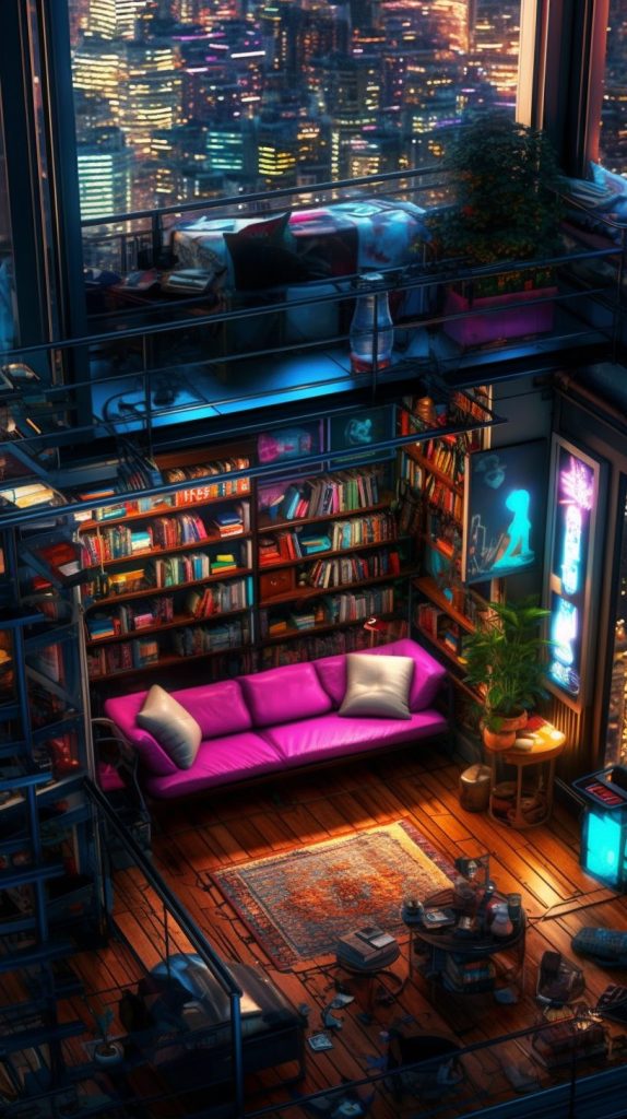 High Ceiling Apartment with Cyberpunk Cityscape View AI Artwork 3