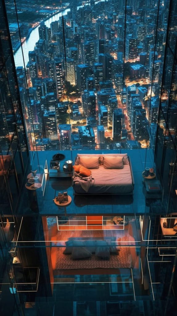 High Ceiling Apartment with Cyberpunk Cityscape View AI Artwork 5