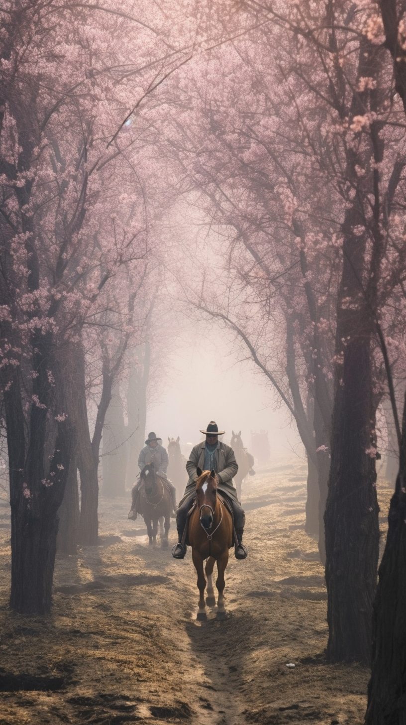 Cherry Rider Horseback Riders Riding Through a Cherry Blossom Forest