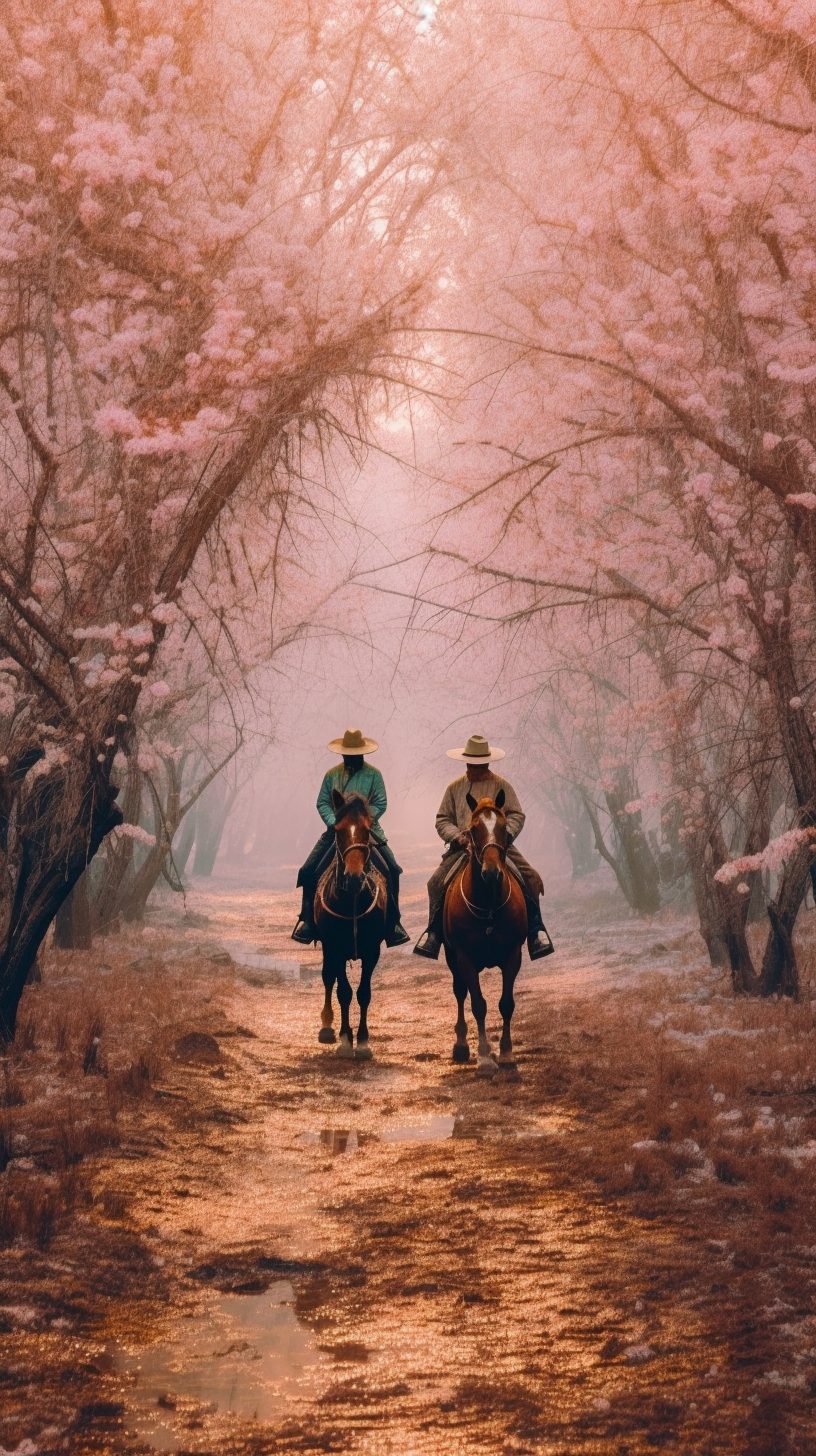 Cherry Rider Horseback Riders Riding Through a Cherry Blossom Forest