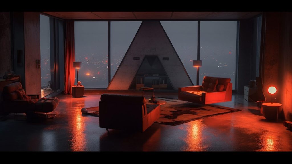 A Brutalist Apartment with Red and Orange Neon - Triangle AI Artwork 13