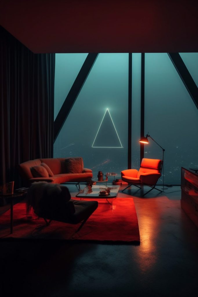 A Brutalist Apartment with Red and Orange Neon - Triangle AI Artwork 4