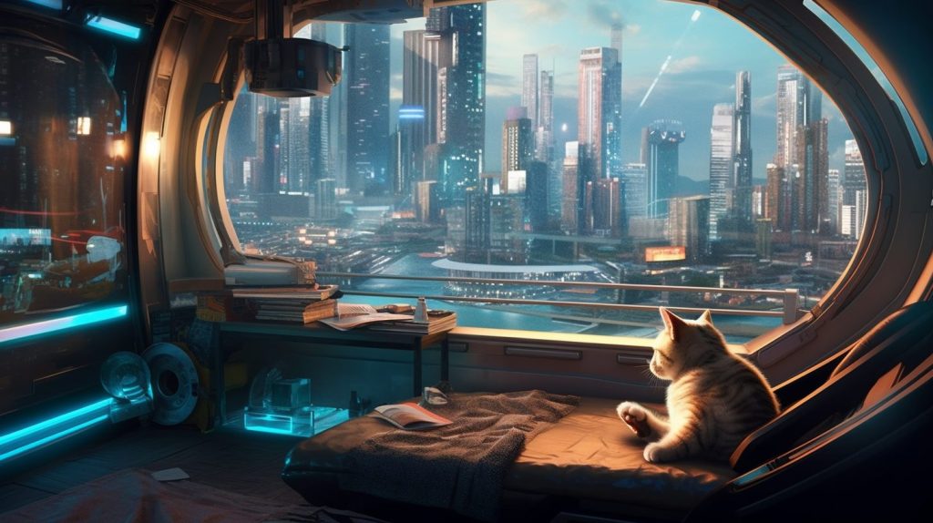 A Cat Chilling Inside a Cyberpunk Bedroom AI Artwork 11