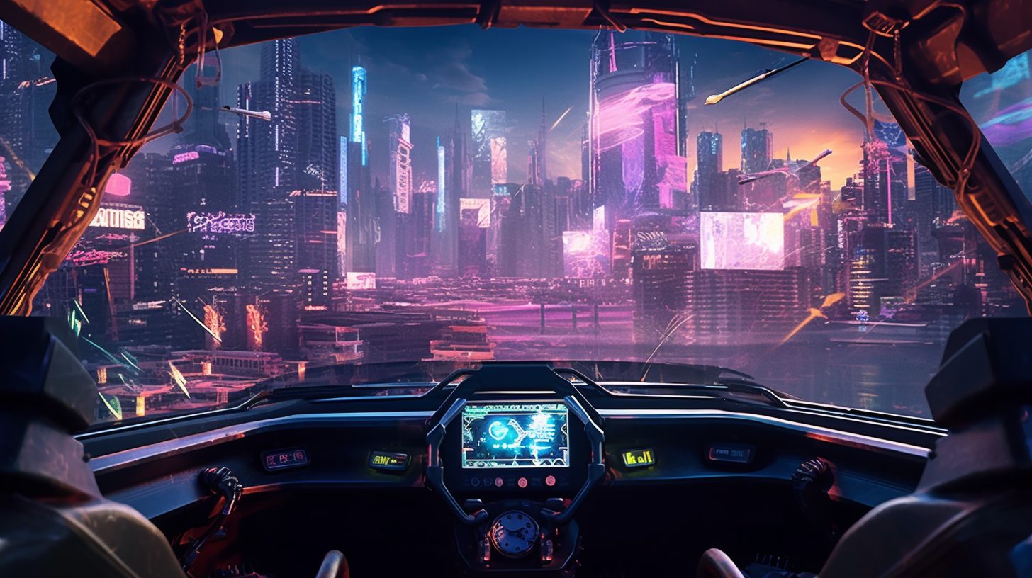 Aerial View of Cyberpunk City in a Flying Vehicle