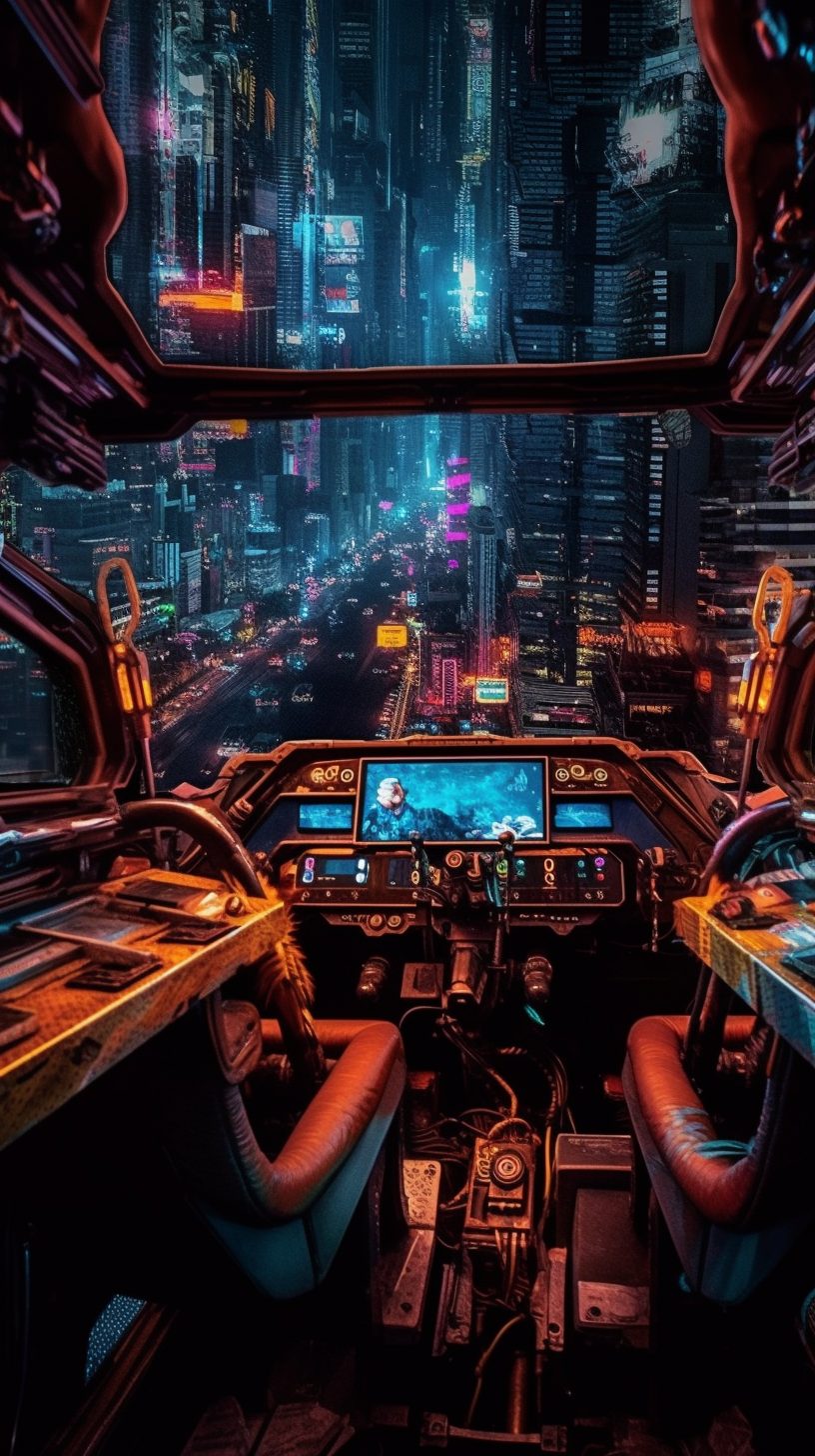 Aerial View of Cyberpunk City in a Flying Vehicle