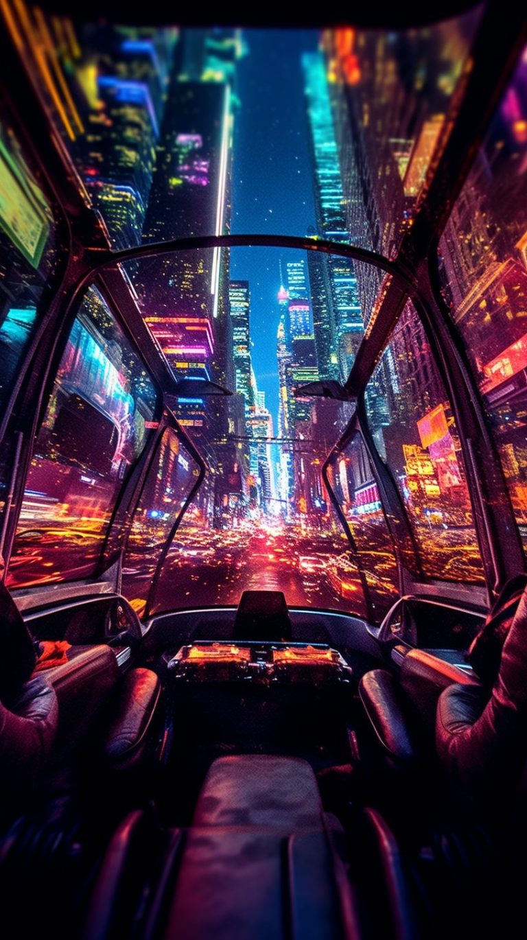Aerial View of Cyberpunk City in a Flying Vehicle