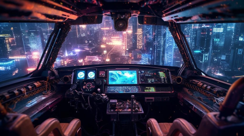 Aerial View of Cyberpunk City in a Flying Vehicle AI Artwork 25