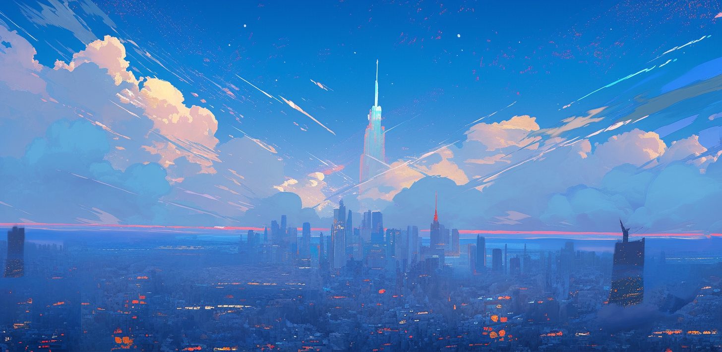 Beautiful Cityscape and Colorful Shooting Stars