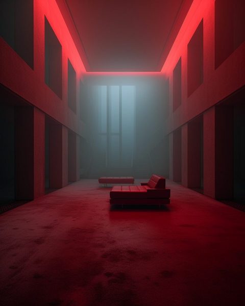 Brutalist and Minimalist Home Interior with Red Lighting