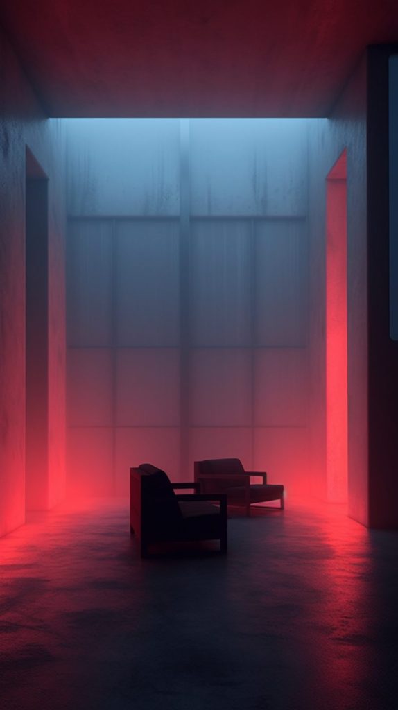 Brutalist and Minimalist Home Interior with Red Lighting AI Artwork 16