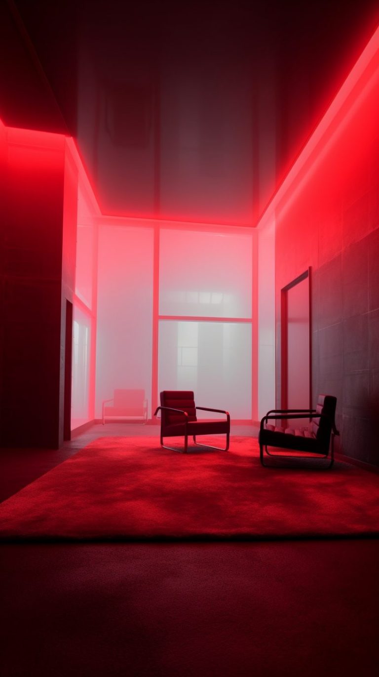 Brutalist and Minimalist Home Interior with Red Lighting