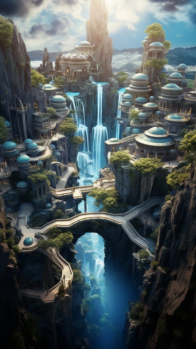 Futuristic City Built on Waterfalls