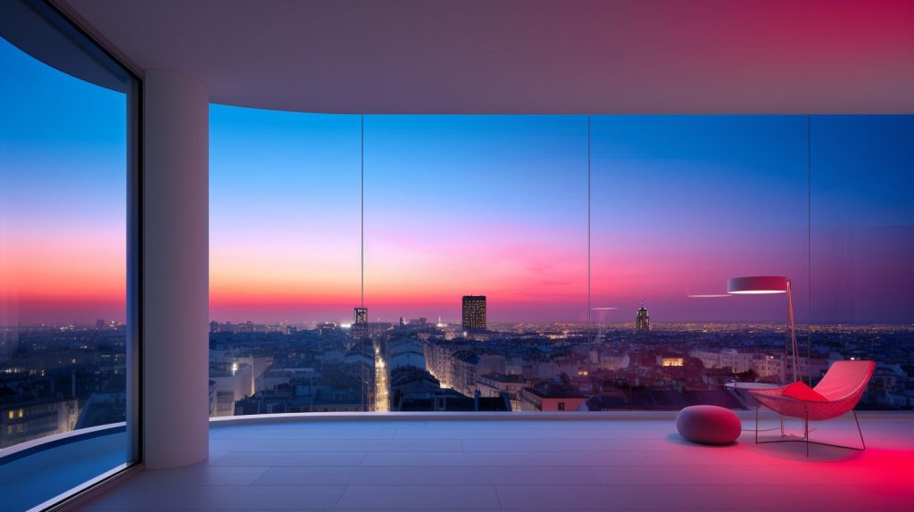 A Minimalist Style Room has a Colorful Cityscape View AI Artwork