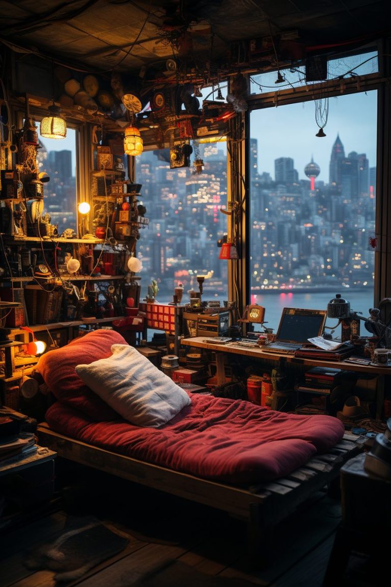 Bedroom with a Cyberpunk Waterfront View